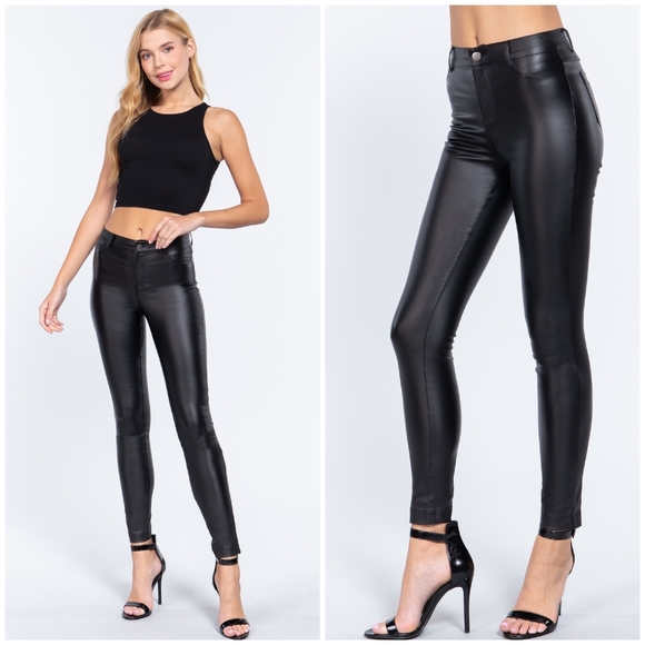 Chic Black Matte Vegan Leather Stretchy Skinny Pants - Picture 2 of 6